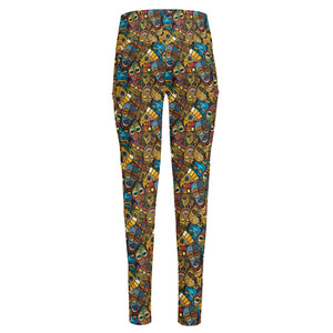 African Totem Masks Pattern Print High-Waisted Pocket Leggings