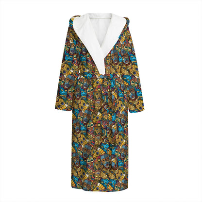 African Totem Masks Pattern Print Hooded Bathrobe