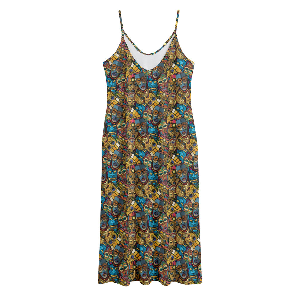 African Totem Masks Pattern Print Jersey Midi Cami Dress