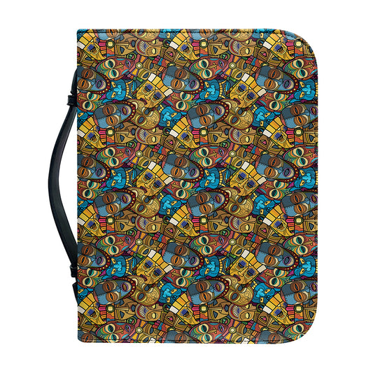 African Totem Masks Pattern Print Leather Bible Cover