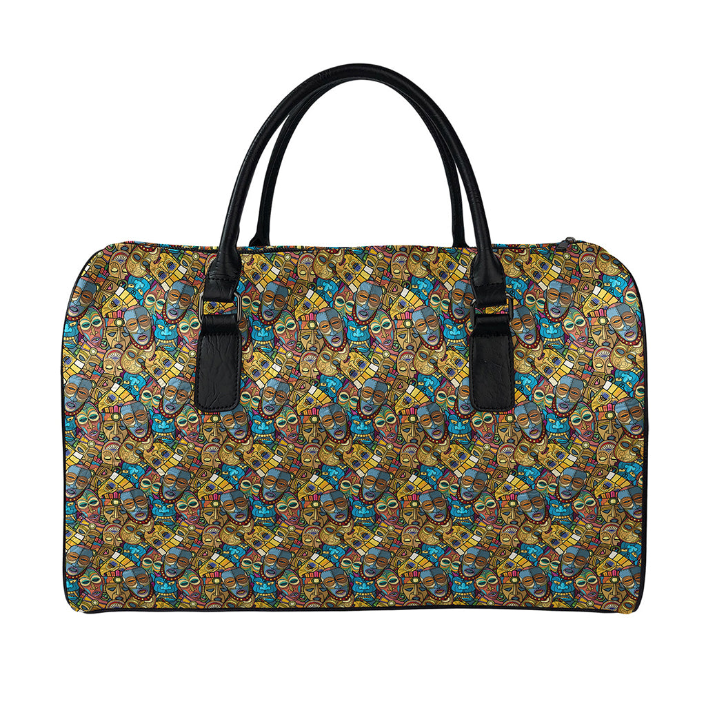 African Totem Masks Pattern Print Leather Duffle Bag