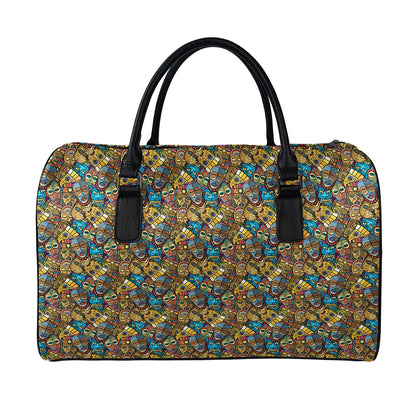 African Totem Masks Pattern Print Leather Duffle Bag