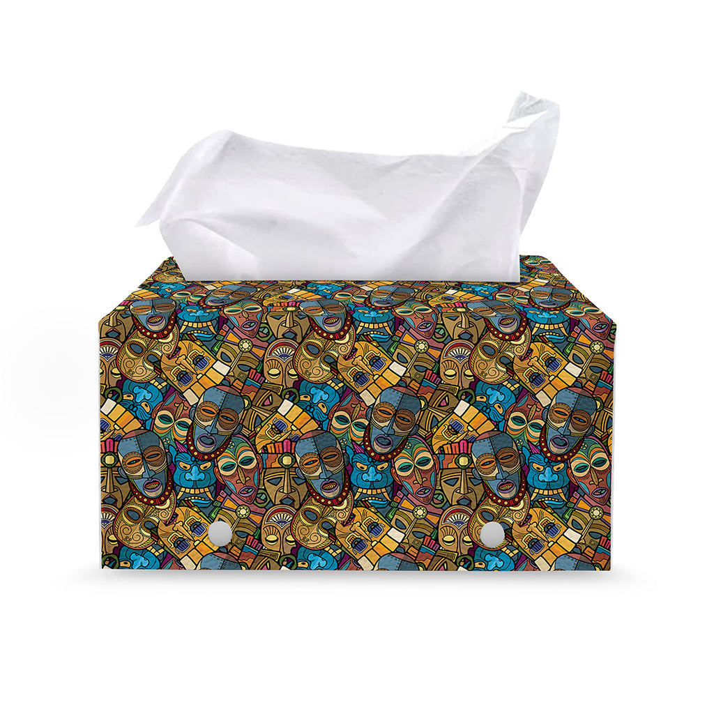 African Totem Masks Pattern Print Leather Tissue Box Cover