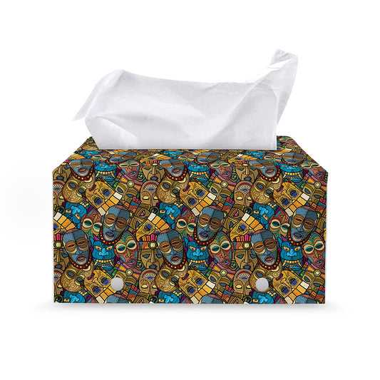 African Totem Masks Pattern Print Leather Tissue Box Cover