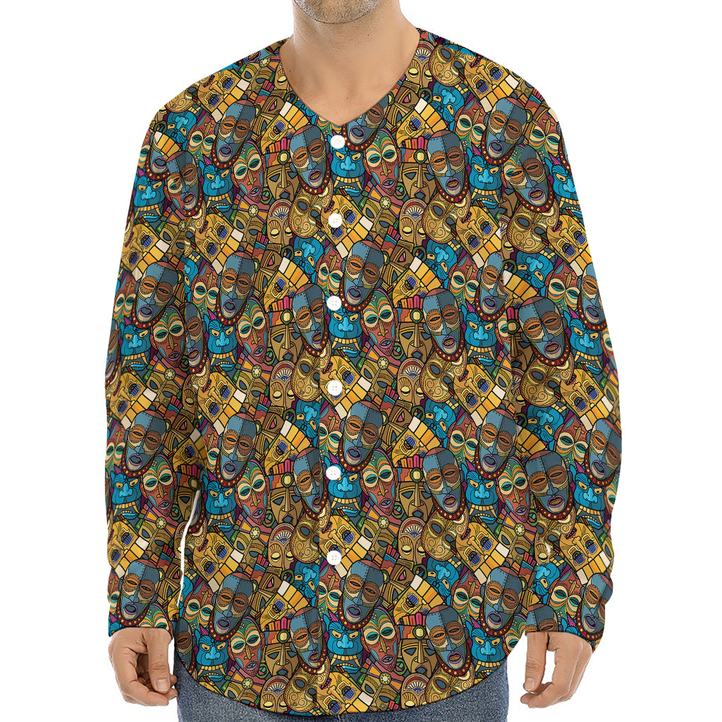 African Totem Masks Pattern Print Long Sleeve Baseball Jersey