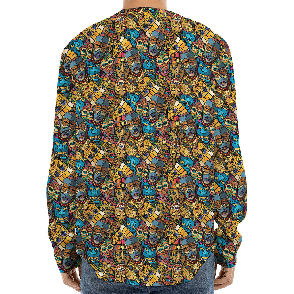 African Totem Masks Pattern Print Long Sleeve Baseball Jersey