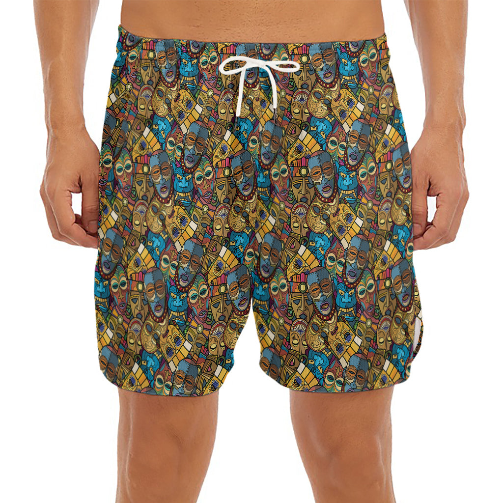 African Totem Masks Pattern Print Men's Split Running Shorts