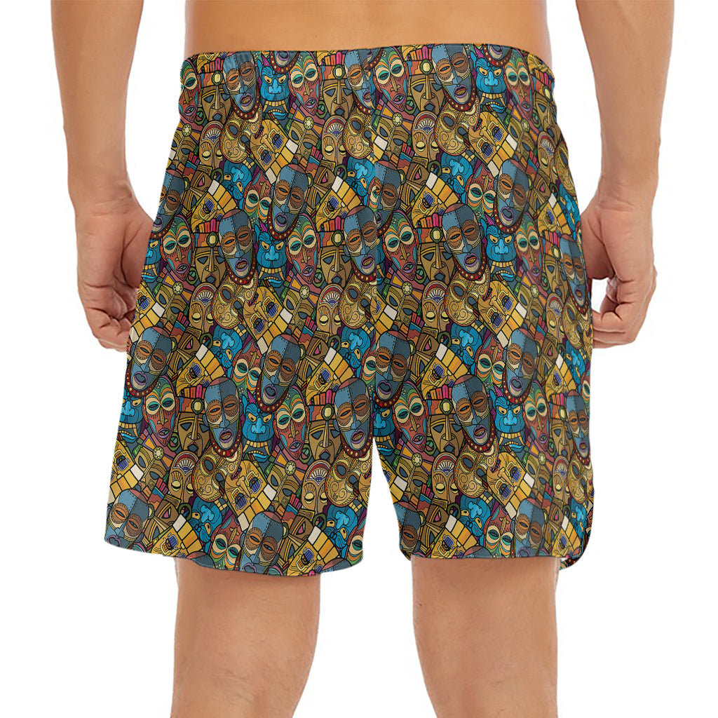 African Totem Masks Pattern Print Men's Split Running Shorts