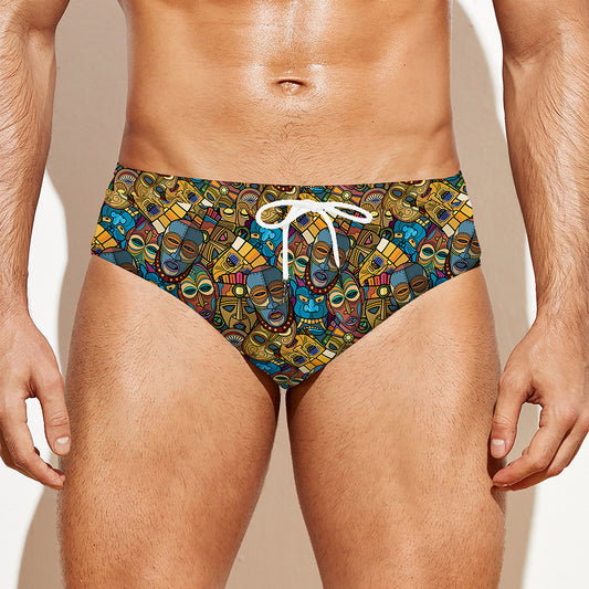 African Totem Masks Pattern Print Men's Swim Briefs