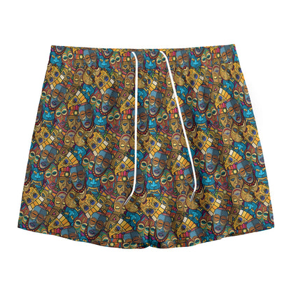 African Totem Masks Pattern Print Mesh Shorts