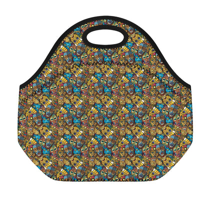 African Totem Masks Pattern Print Neoprene Lunch Bag