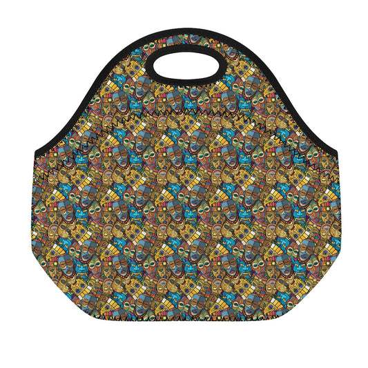African Totem Masks Pattern Print Neoprene Lunch Bag