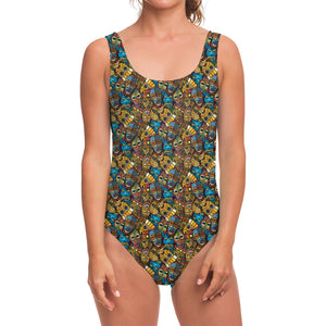 African Totem Masks Pattern Print One Piece Swimsuit