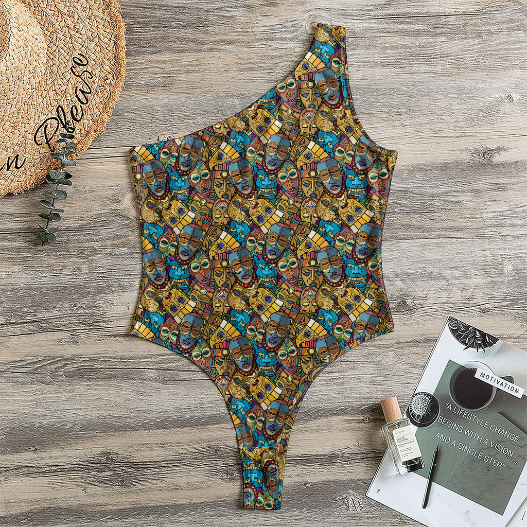 African Totem Masks Pattern Print One Shoulder Bodysuit