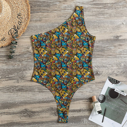 African Totem Masks Pattern Print One Shoulder Bodysuit