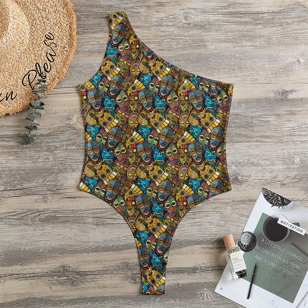 African Totem Masks Pattern Print One Shoulder Bodysuit