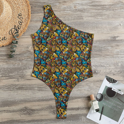 African Totem Masks Pattern Print One Shoulder Bodysuit