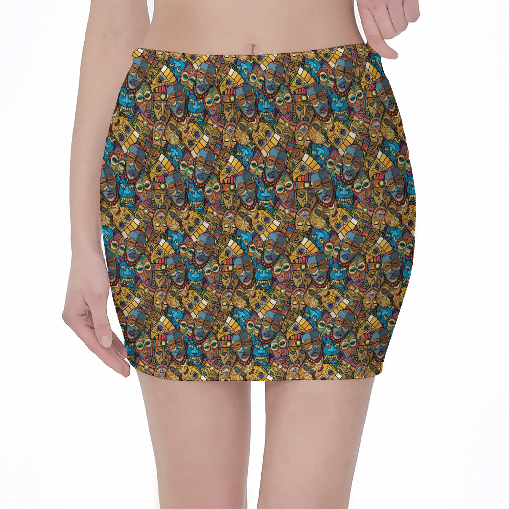 African Totem Masks Pattern Print Pencil Mini Skirt