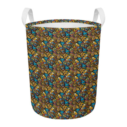African Totem Masks Pattern Print Round Laundry Basket