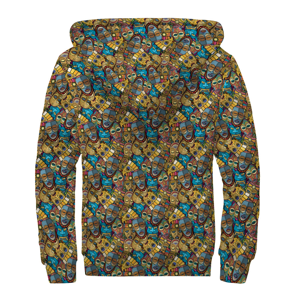 African Totem Masks Pattern Print Sherpa Lined Zip Up Hoodie