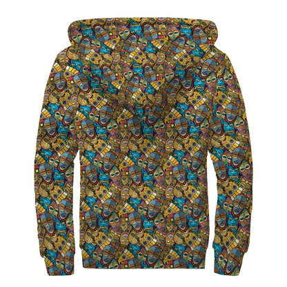 African Totem Masks Pattern Print Sherpa Lined Zip Up Hoodie