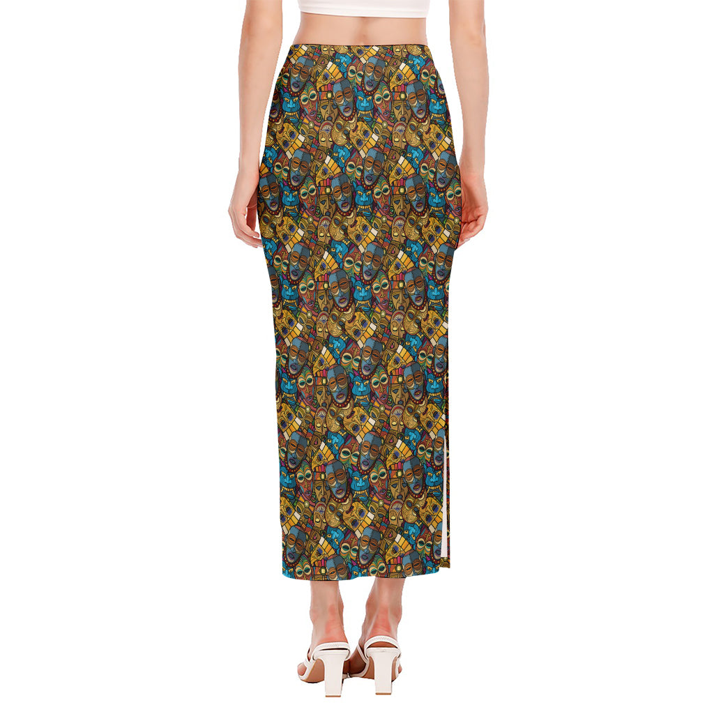 African Totem Masks Pattern Print Side Slit Maxi Skirt