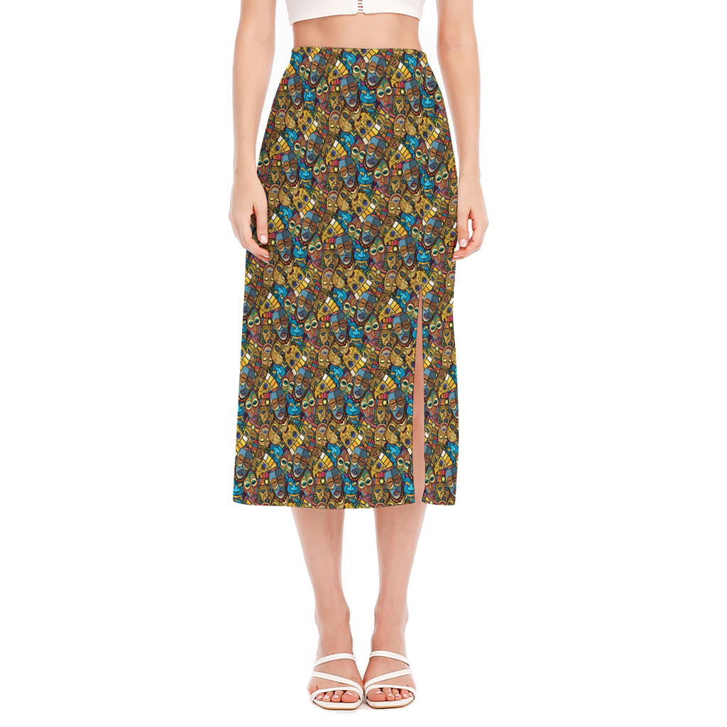 African Totem Masks Pattern Print Side Slit Midi Skirt