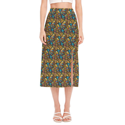 African Totem Masks Pattern Print Side Slit Midi Skirt