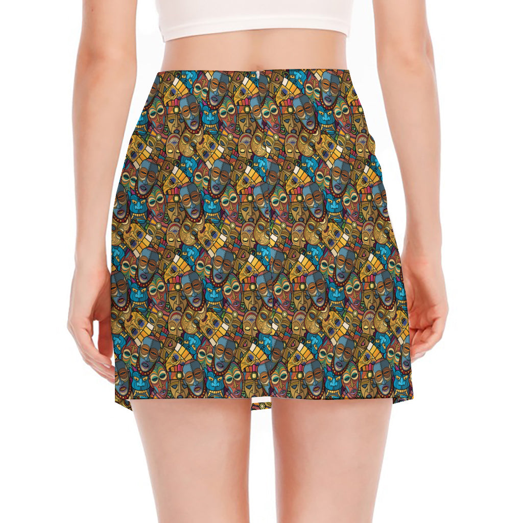 African Totem Masks Pattern Print Side Slit Mini Skirt