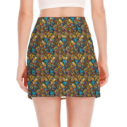 African Totem Masks Pattern Print Side Slit Mini Skirt