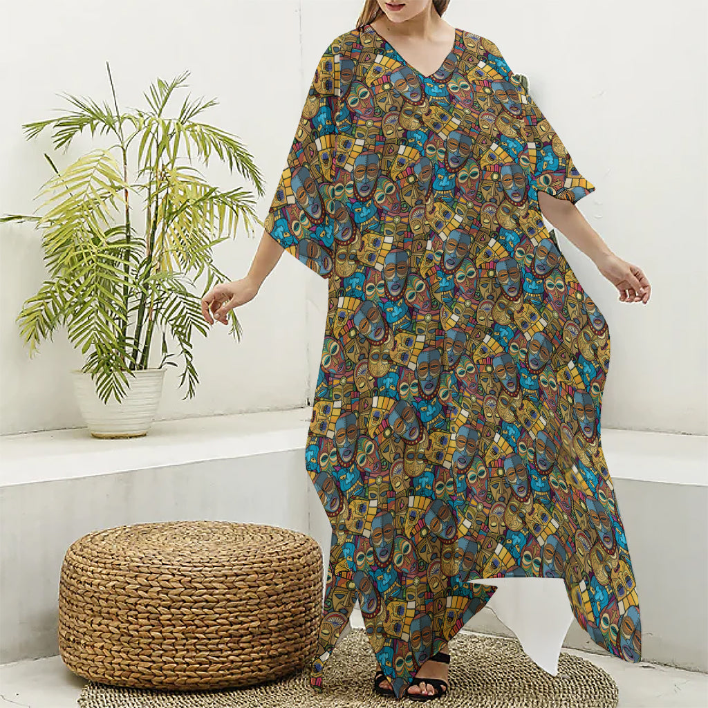 African Totem Masks Pattern Print Silk V-Neck Kaftan Dress