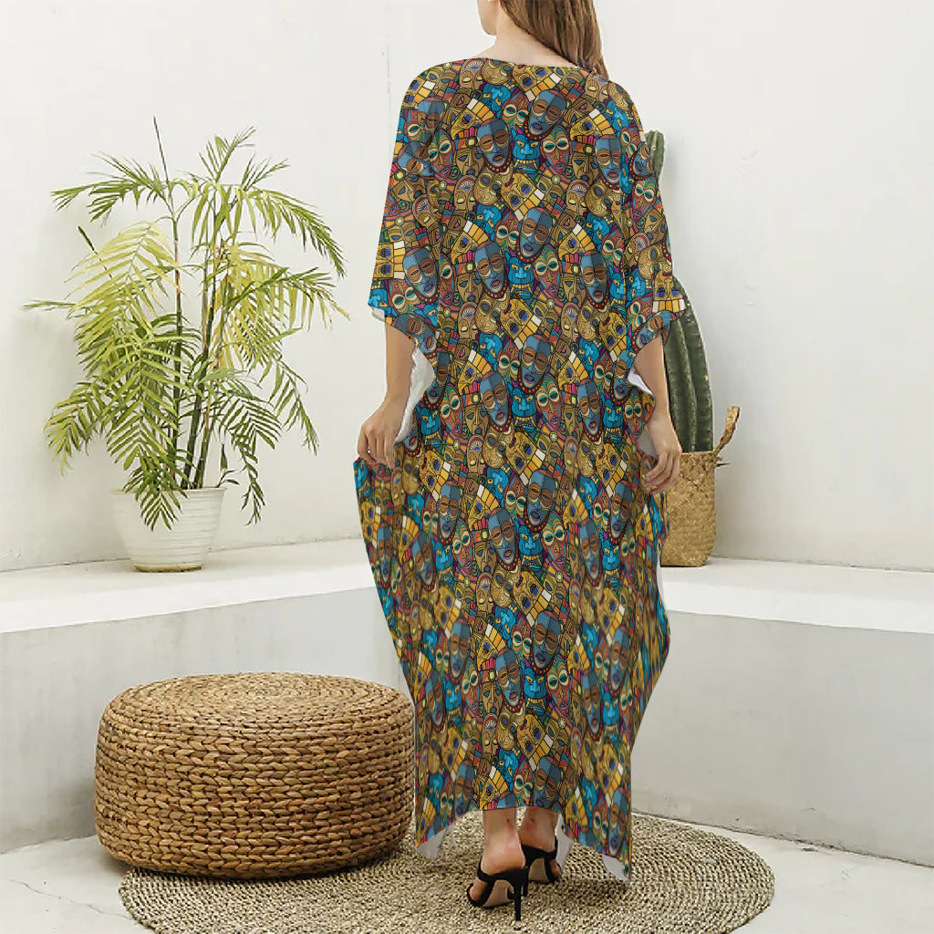 African Totem Masks Pattern Print Silk V-Neck Kaftan Dress