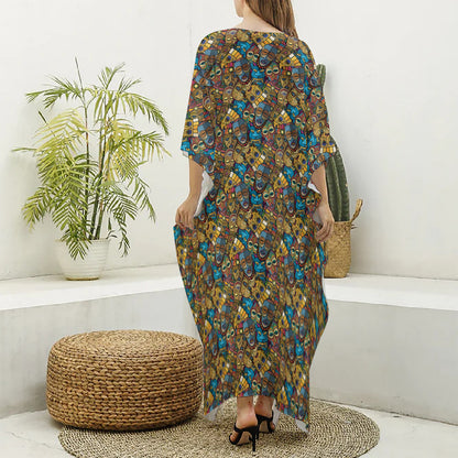 African Totem Masks Pattern Print Silk V-Neck Kaftan Dress