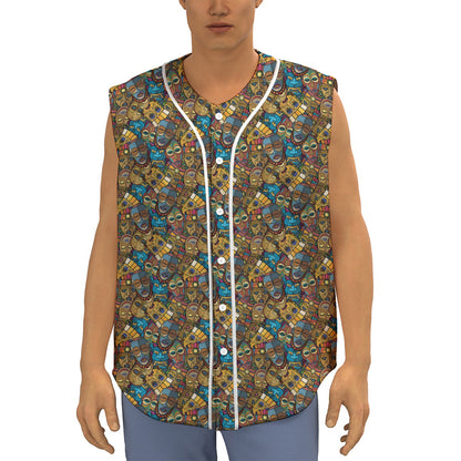 African Totem Masks Pattern Print Sleeveless Baseball Jersey