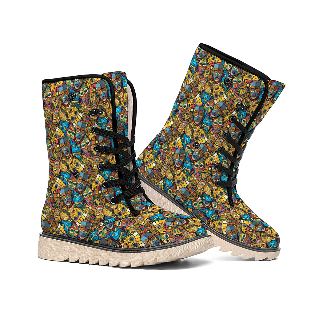 African Totem Masks Pattern Print Winter Boots