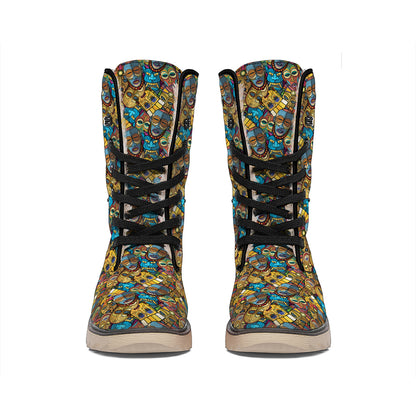 African Totem Masks Pattern Print Winter Boots