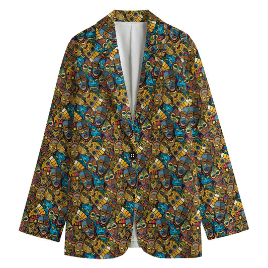African Totem Masks Pattern Print Women's Cotton Blazer