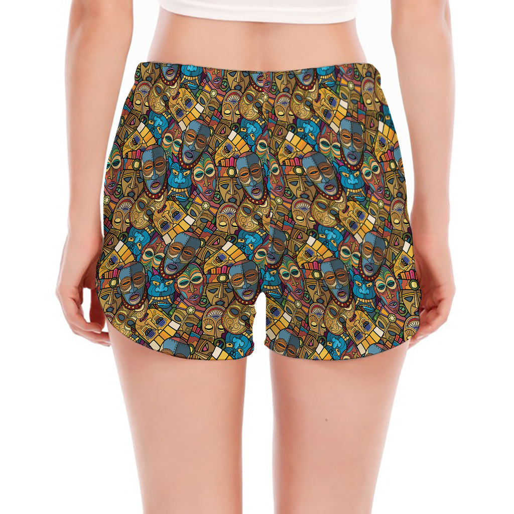African Totem Masks Pattern Print Women's Split Running Shorts