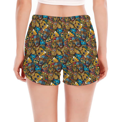 African Totem Masks Pattern Print Women's Split Running Shorts