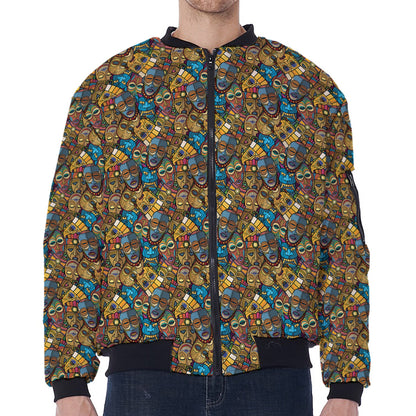 African Totem Masks Pattern Print Zip Sleeve Bomber Jacket