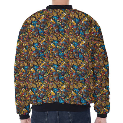 African Totem Masks Pattern Print Zip Sleeve Bomber Jacket