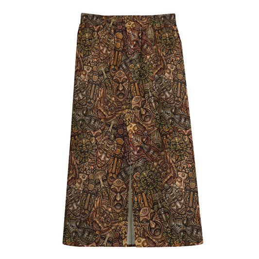 African Totem Pattern Print Cotton Front Slit Maxi Skirt