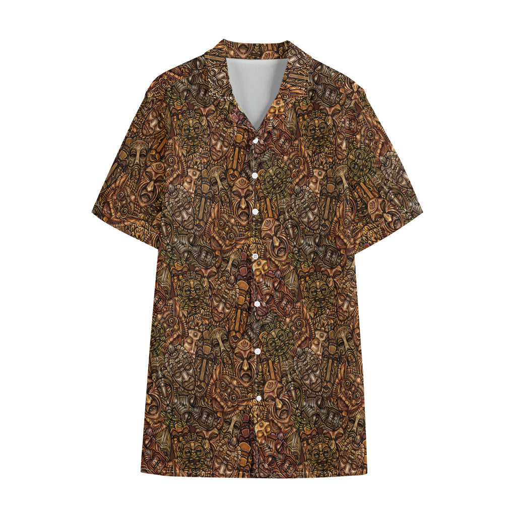 African Totem Pattern Print Cotton Hawaiian Shirt
