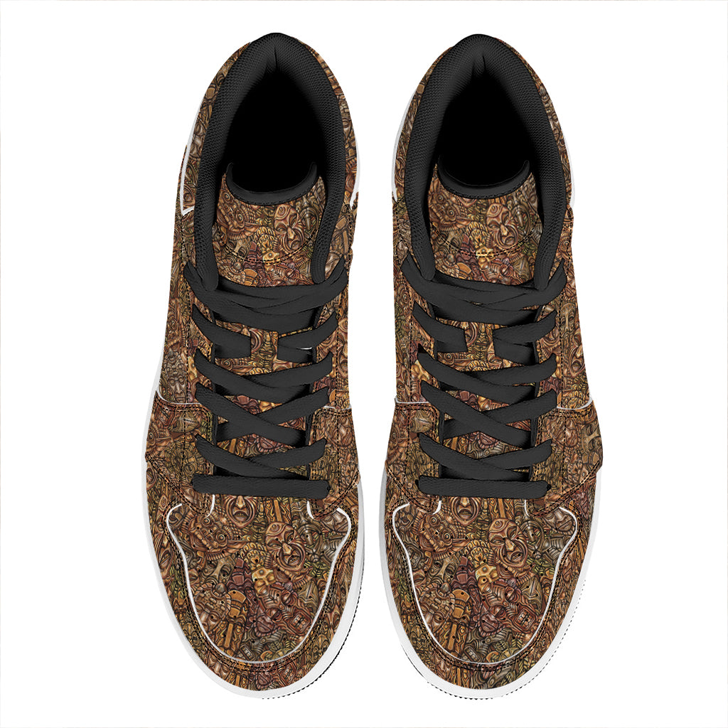 African Totem Pattern Print High Top Leather Sneakers