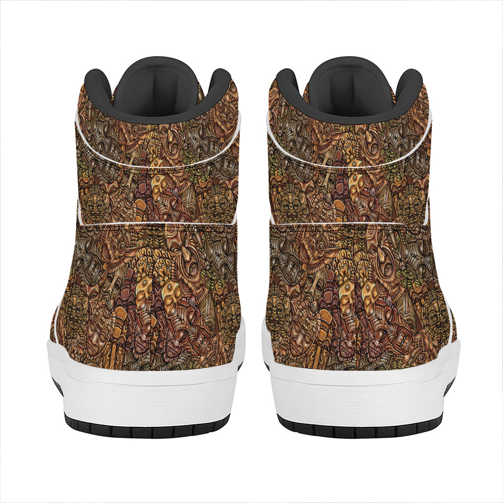 African Totem Pattern Print High Top Leather Sneakers
