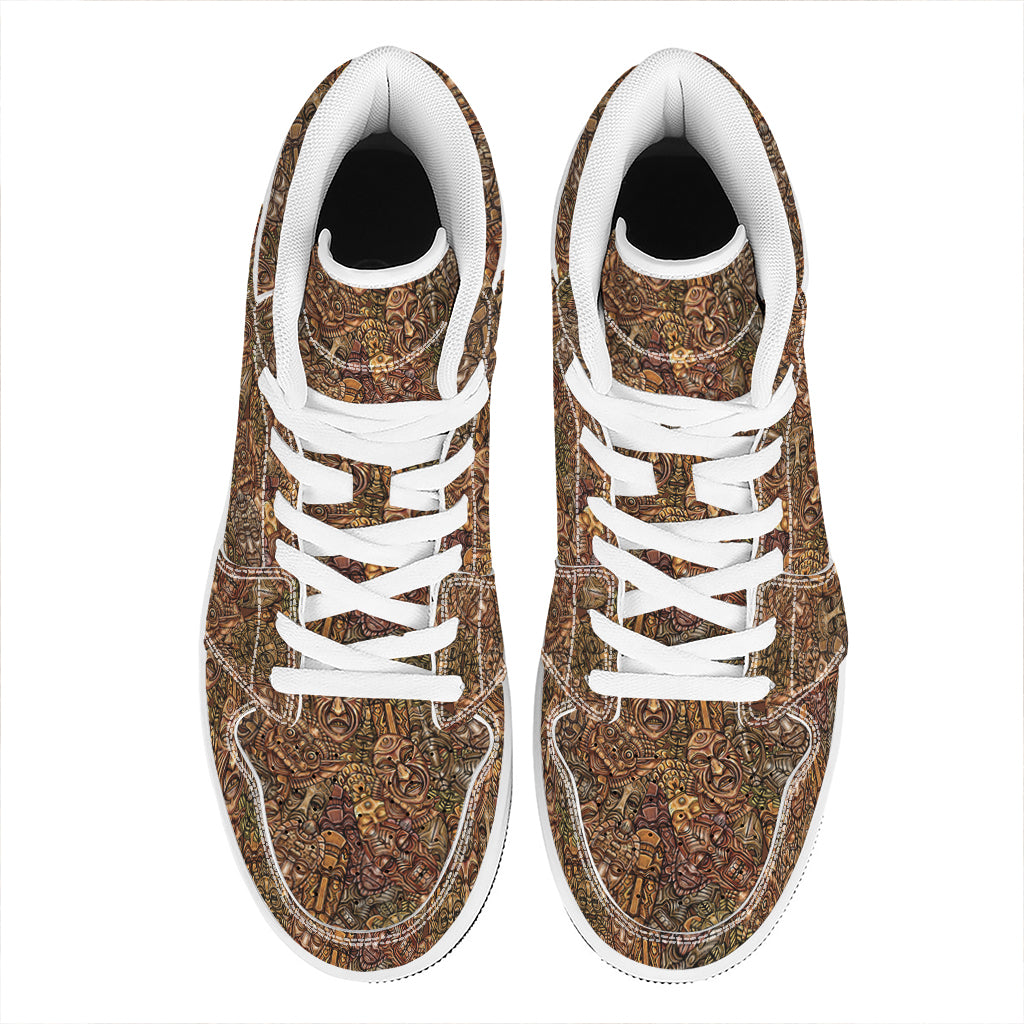African Totem Pattern Print High Top Leather Sneakers