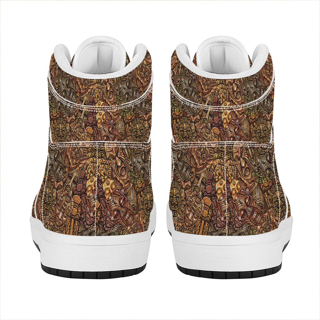 African Totem Pattern Print High Top Leather Sneakers