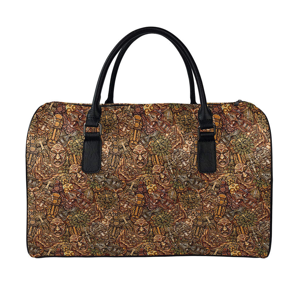 African Totem Pattern Print Leather Duffle Bag