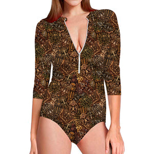 African Totem Pattern Print Long Sleeve Swimsuit