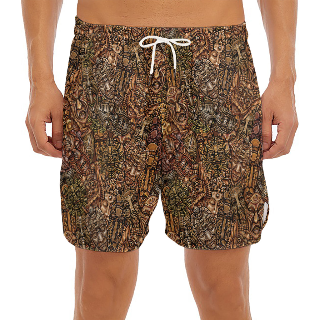 African Totem Pattern Print Men's Split Running Shorts